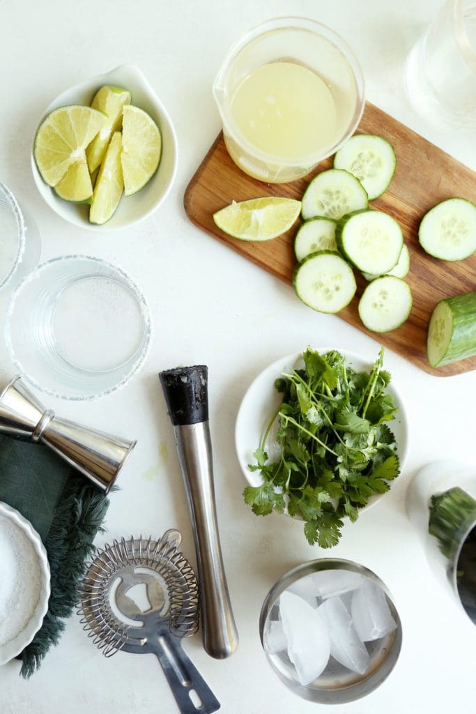 Ingredients for Cucumber and Cilantro Margarita.