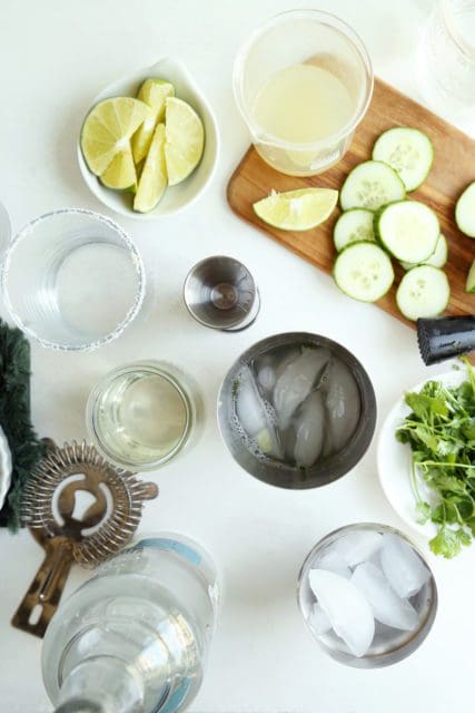 Ice over muddled cucumber and cilantro.