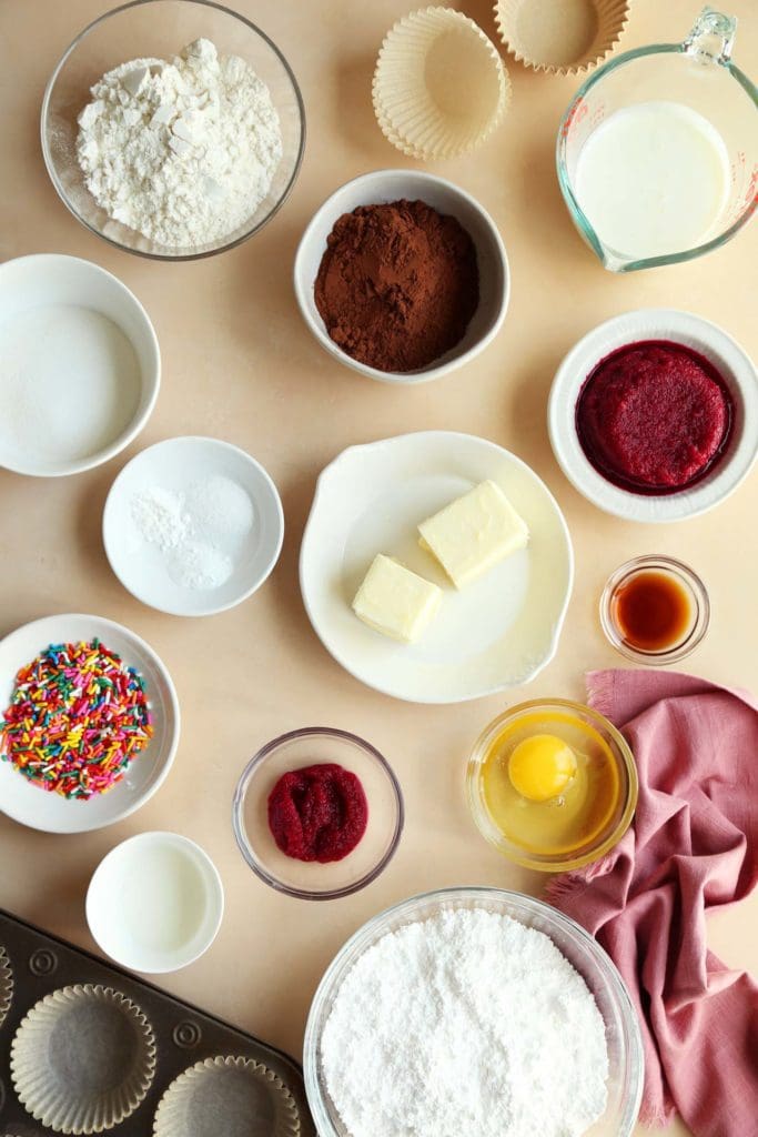 Ingredients for chocolate beet cupcakes.