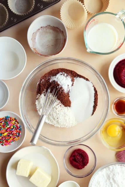 Unwhisked dry ingredients for chocolate cupcakes