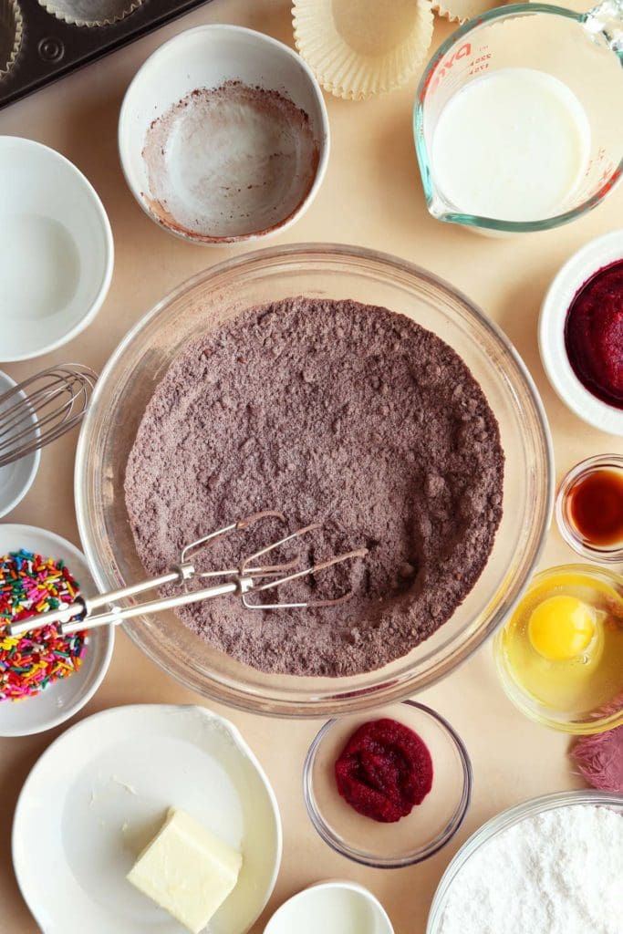 Dry ingredients for chocolate cupcakes in a bowl, whisked.