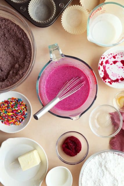 Whisked wet ingredients for cupcakes.