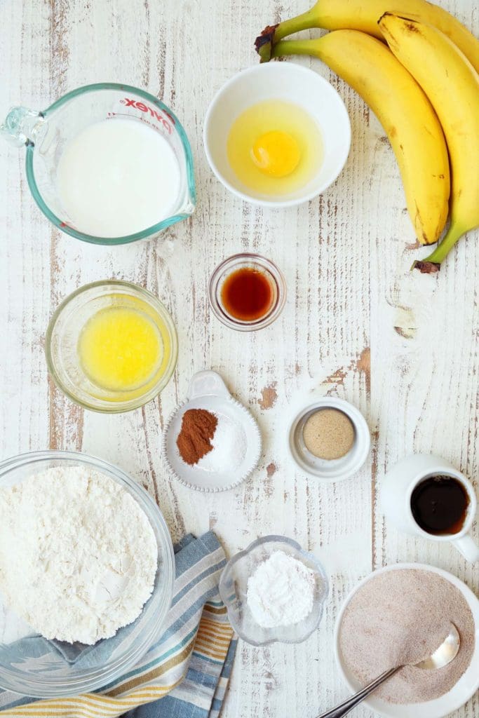 Pancake ingredients in small bowls.