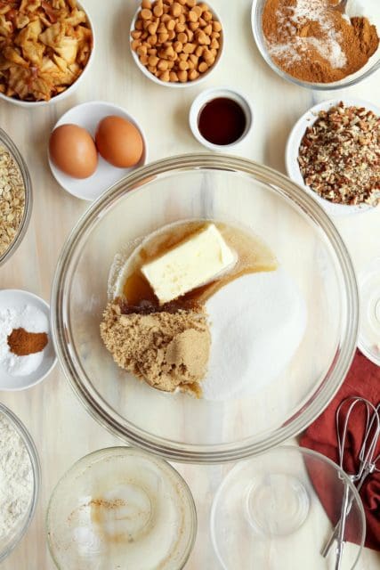Sugars, softened butter, and browned butter in a bowl for mixing.