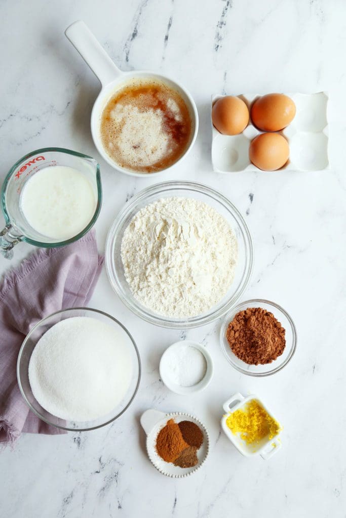 Ingredients measured in small bowls for Araby Spice Cake recipe..