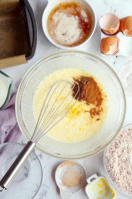 Spices added to whisked sugar and egg mixture.