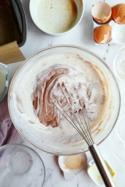 Mixing buttermilk into cake batter.r