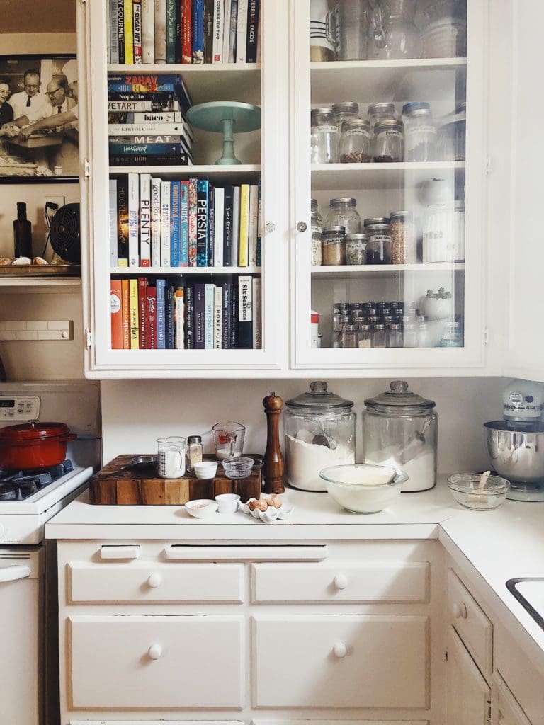Kitchen counter with flour canisters for top five baking tips for fall.