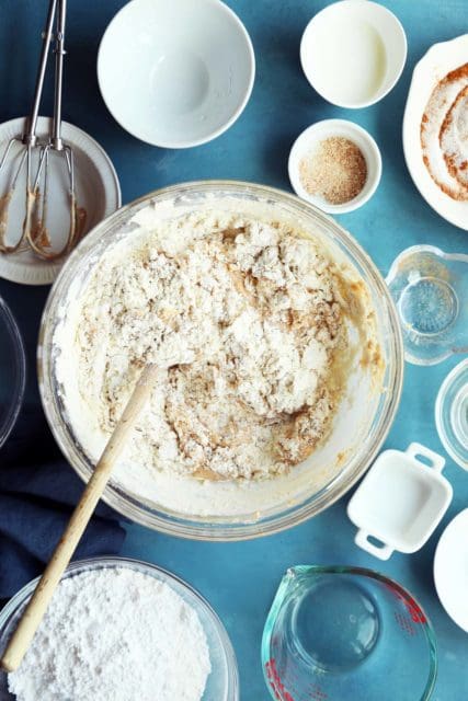 Dry ingredients added to cookie dough.
