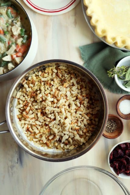 Making stuffing to top turkey pot pie
