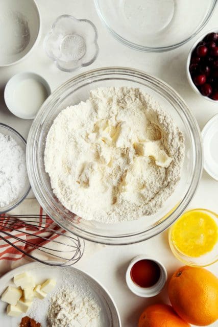 Butter added to dry ingredients for bread recipe.