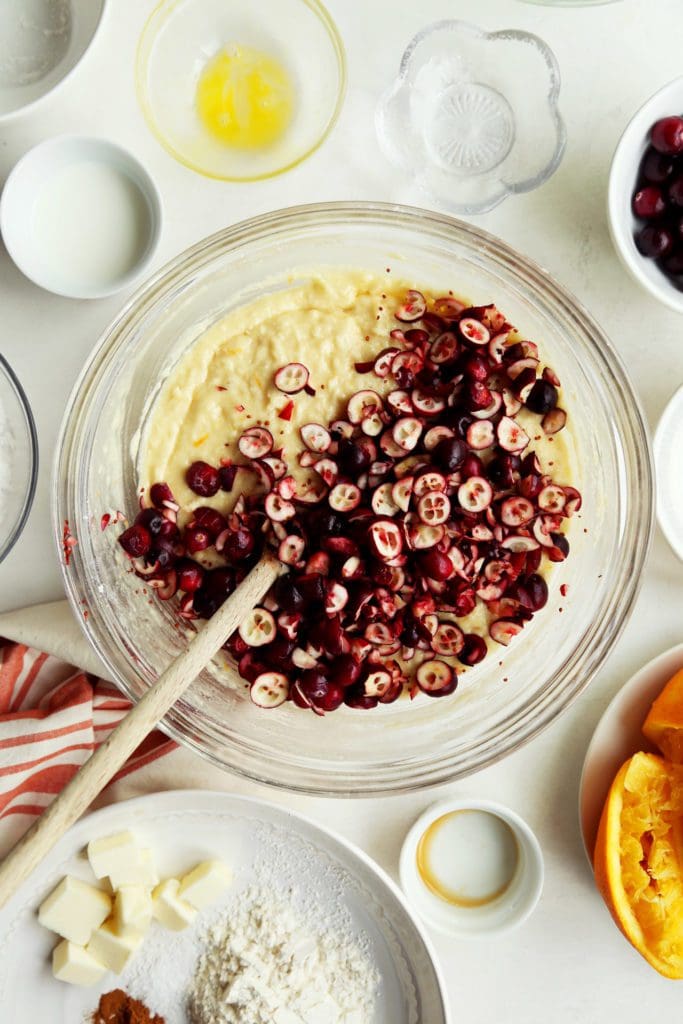 Chopped fresh cranberries added to cranberry orange bread batter.