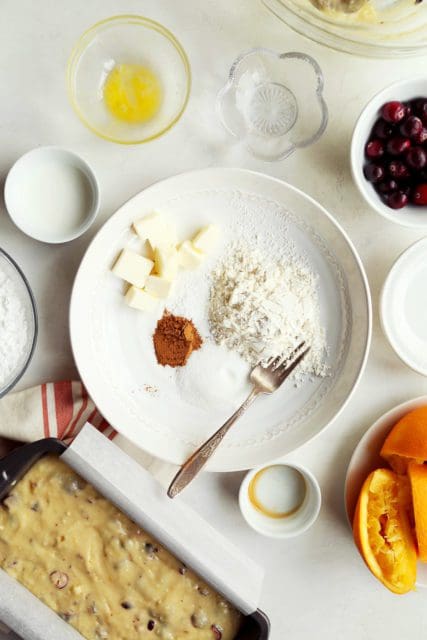 Crumble ingredients in a white bowl.