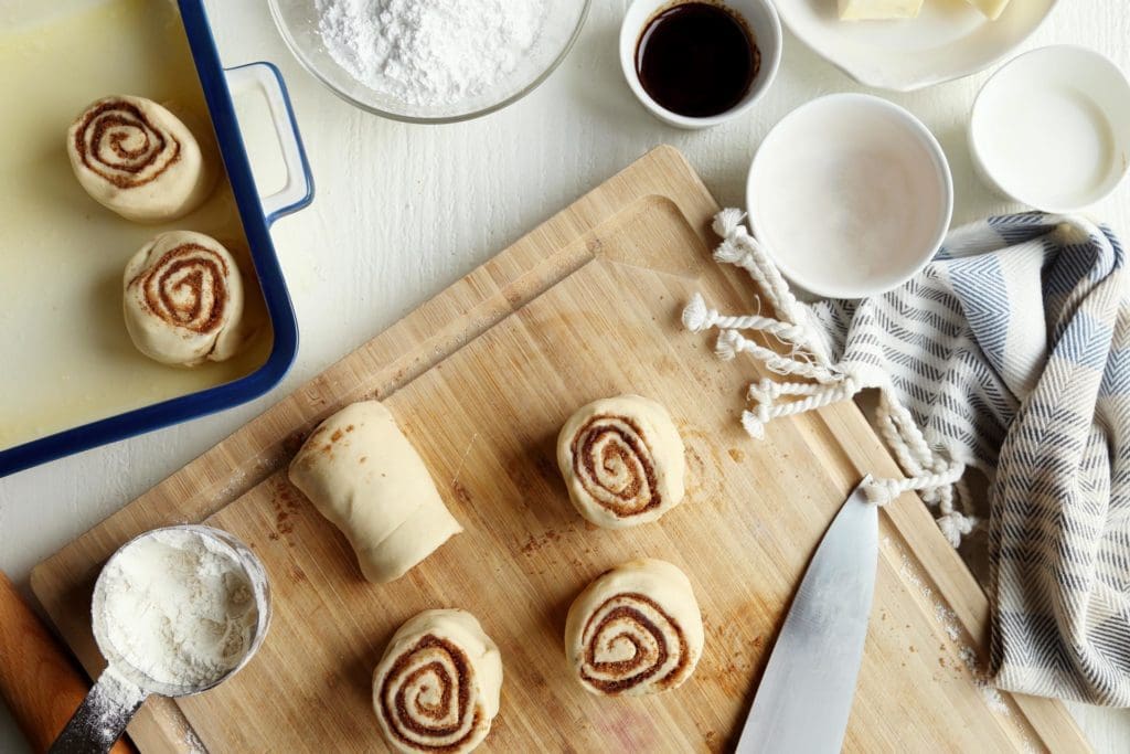 overnight cinnamon rolls sliced before baked.