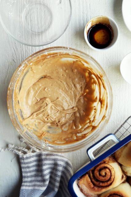 coffee cream cheese glaze mixed together in a small bowl.