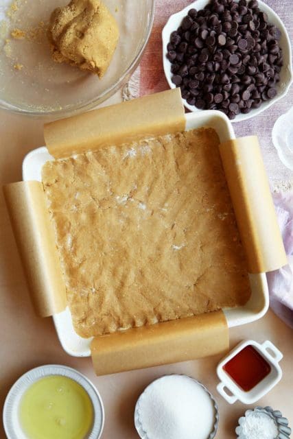 Moon Pie graham cracker crust pressed in the bottom of a square pan.