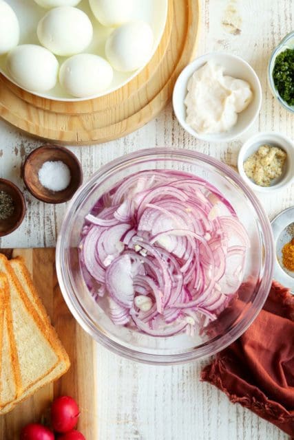 Quick pickled red onions in medium bowl.
