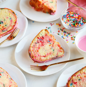 Sliced and plated funfetti cake slices.