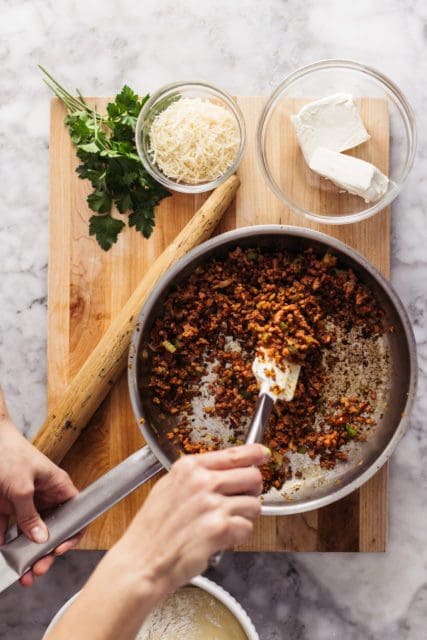 Browning chopped sausage for sausage roll filling