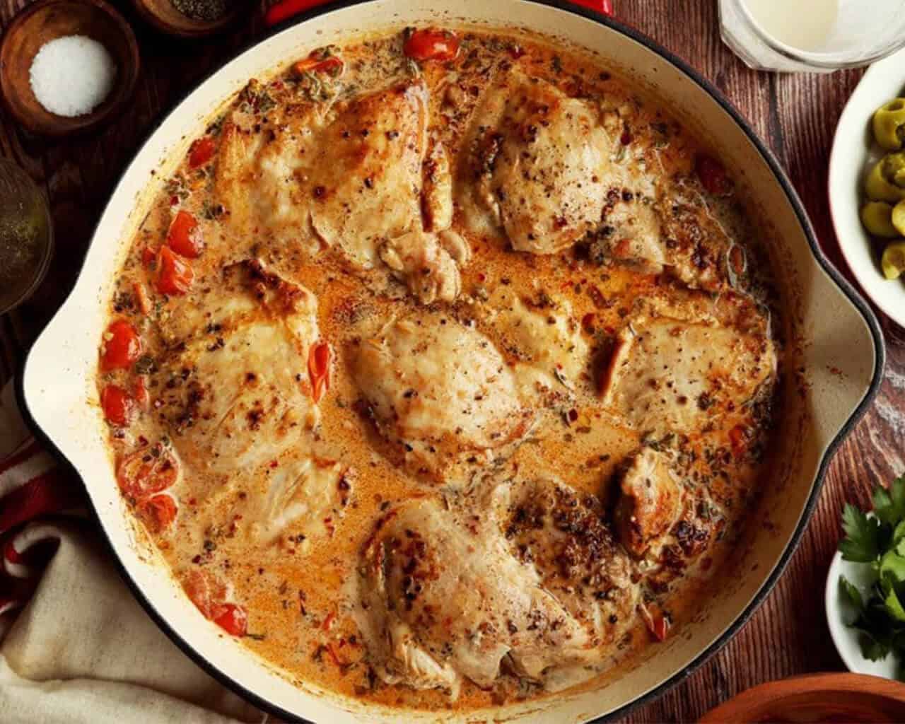 Chicken thighs added back to cream sauce for roasting in Marry Me Chicken recipe.