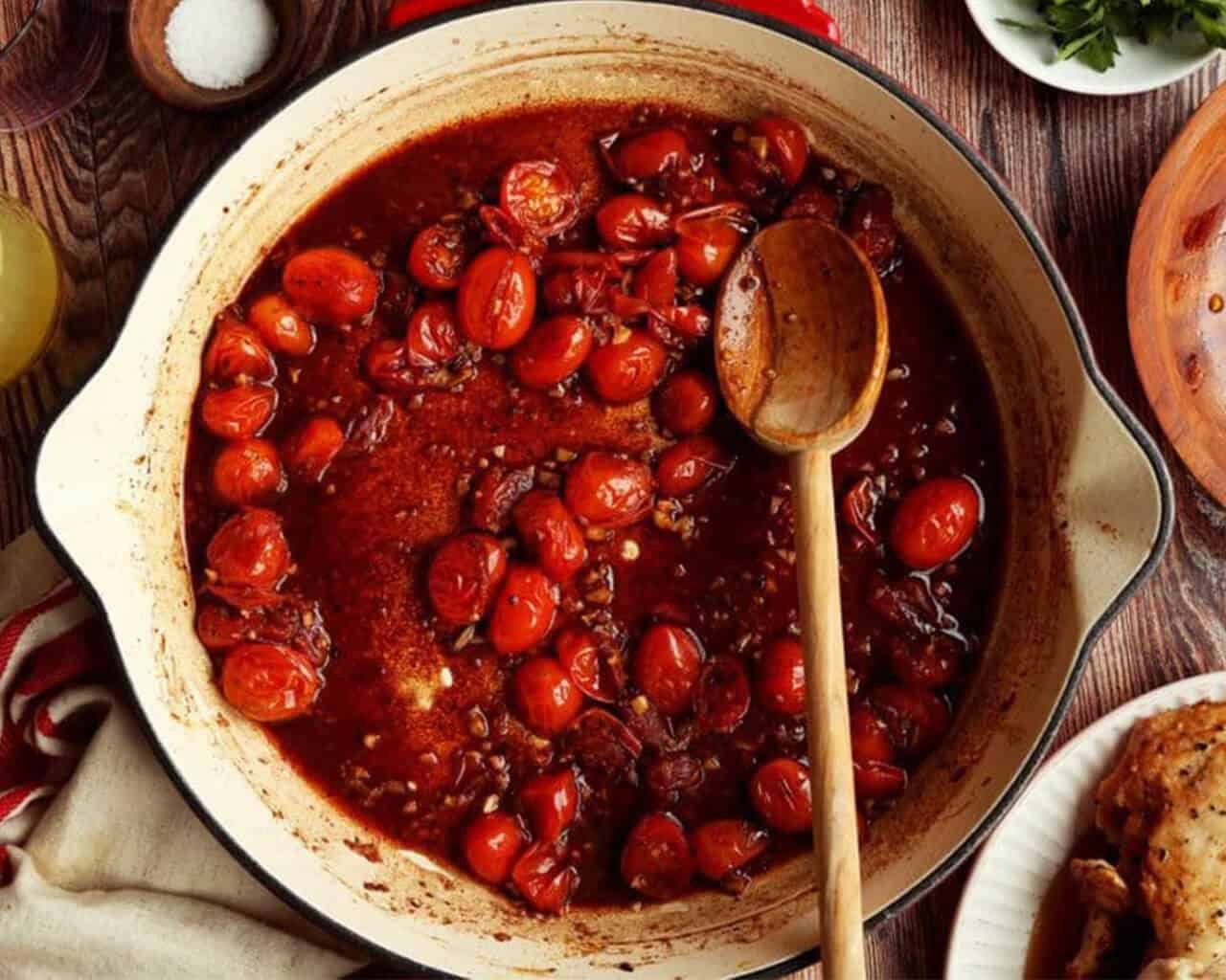Cherry tomatoes stewing in a pan.
