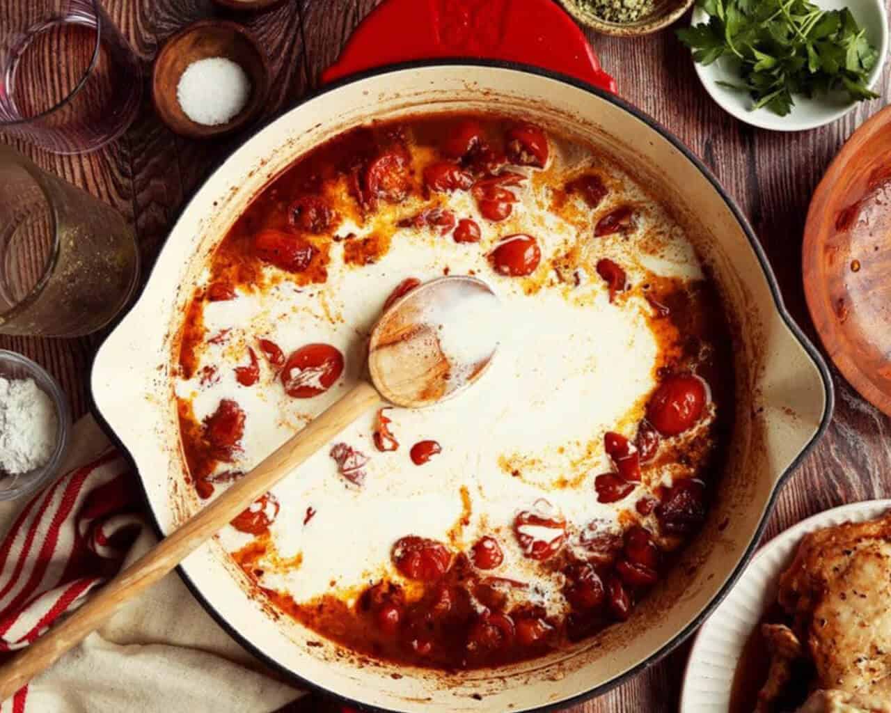 Stewed tomatoes and cream added to Marry Me Chicken pot.