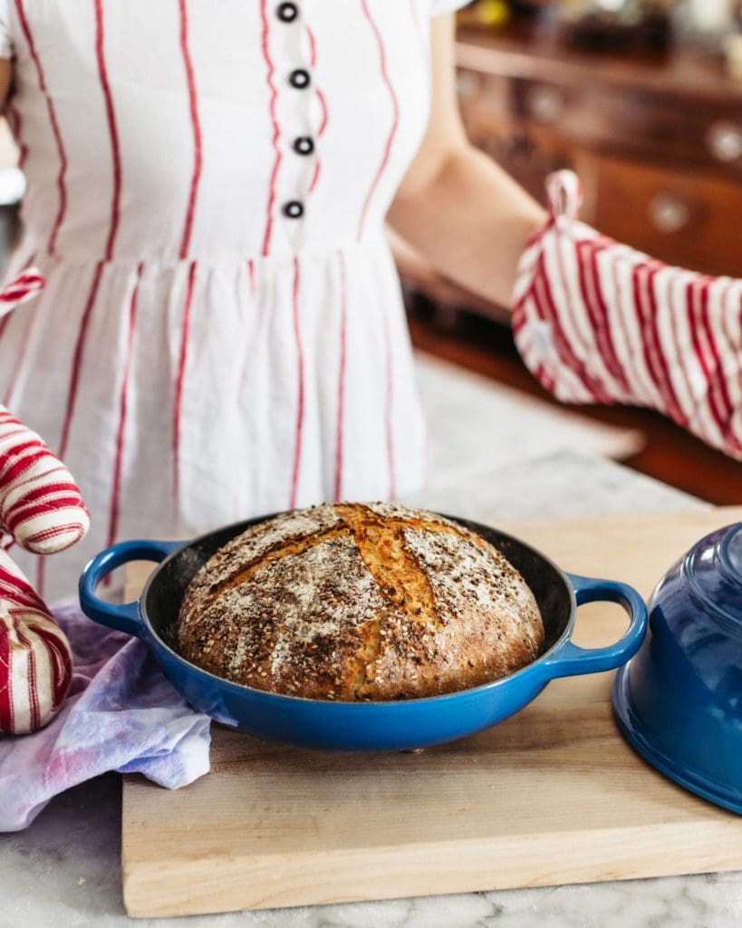 Baked no-knead bread in le creuset bread oven.