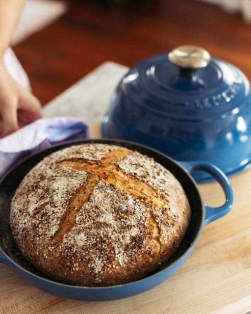 Baked no-knead bread in le creuset bread oven.