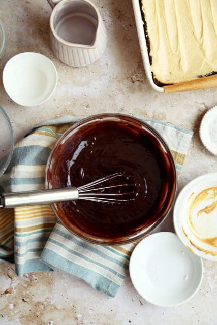 glossy chocolate ganache in small bowl with whisk