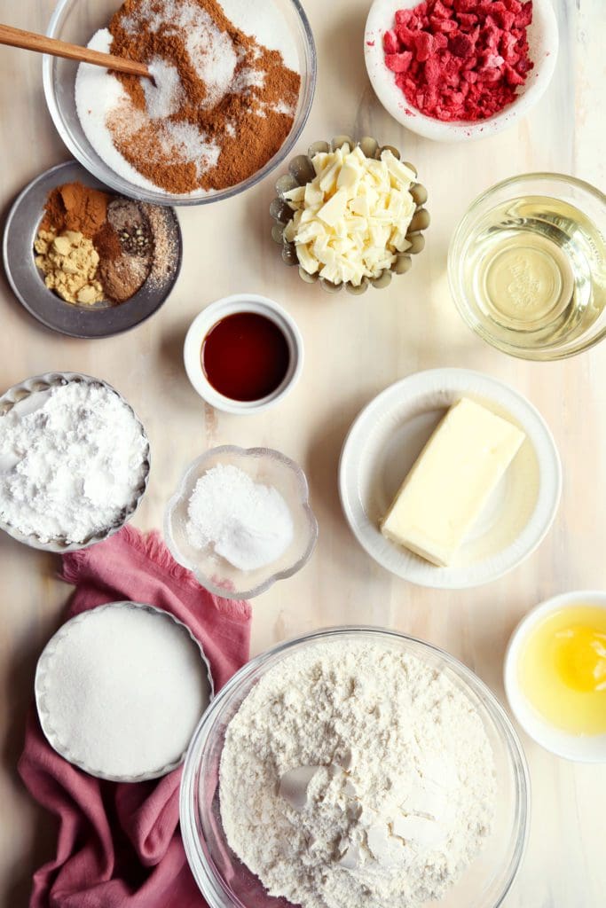 Ingredients in small bowls for Taylor Swift sugar cookies.