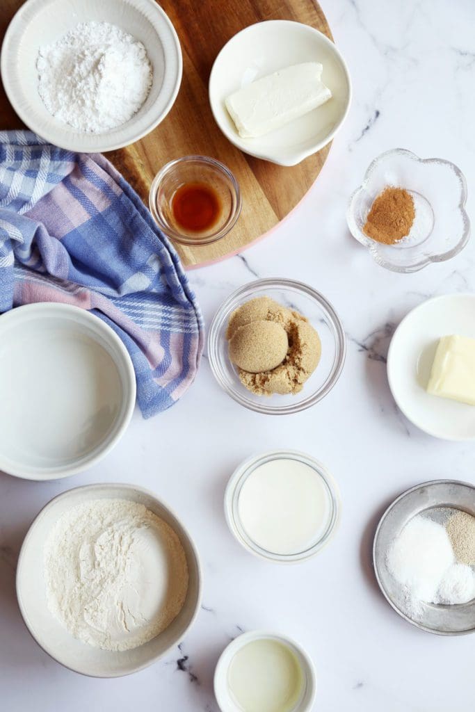 ingredients for single serve cinnamon roll in small bowls
