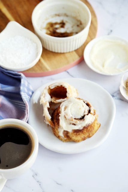 inside of warm cinnamon roll on plate