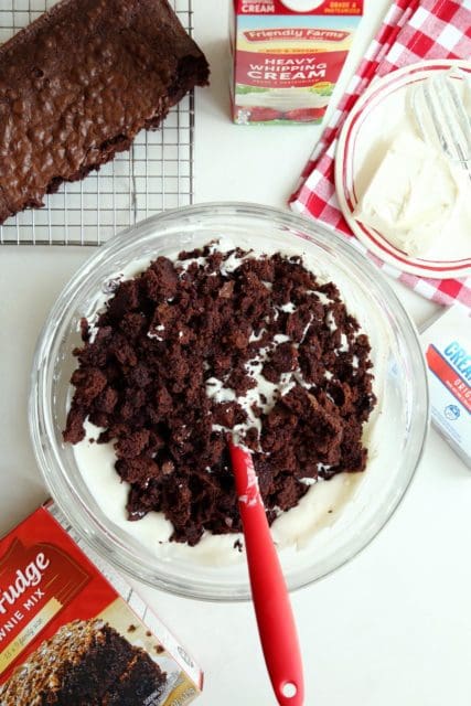 crumbled brownies on top of no-churn ice cream base.