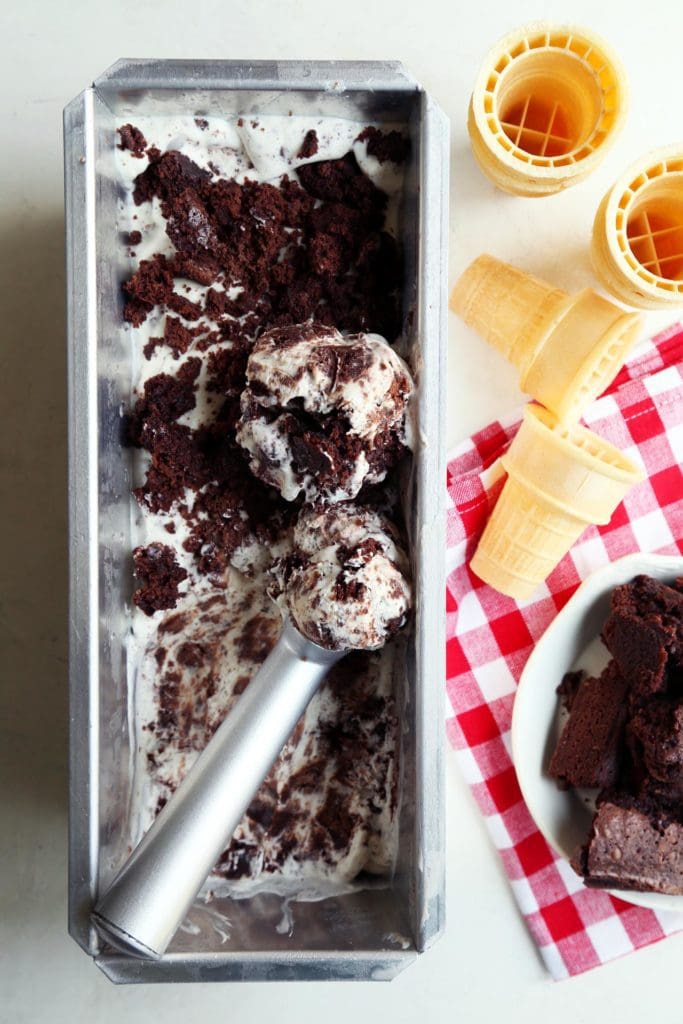 scoops of ice cream in loaf pan with cones around.