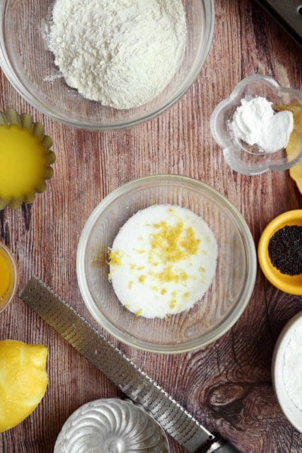 Lemon zest and sugar in small bowl for muffins.