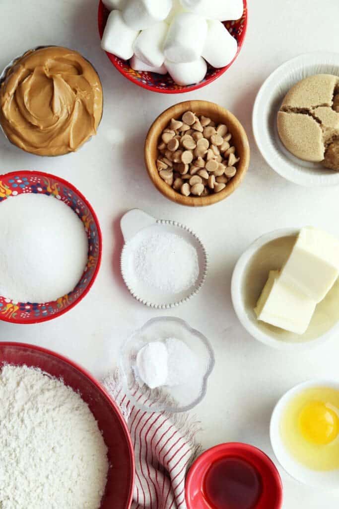 Ingredients for fluffernutter cookies in small bowls for baking