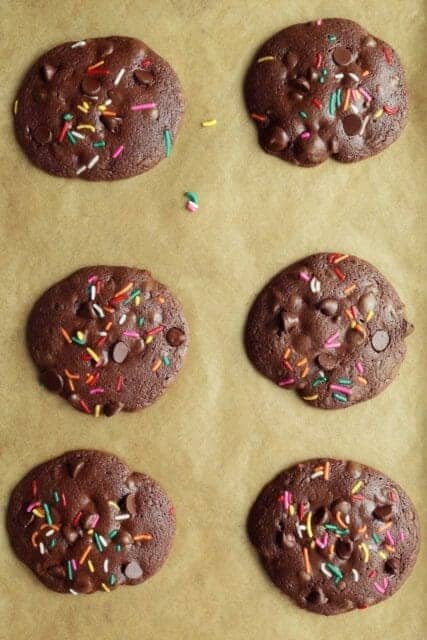 Baked chocolate cookies on baking sheet.