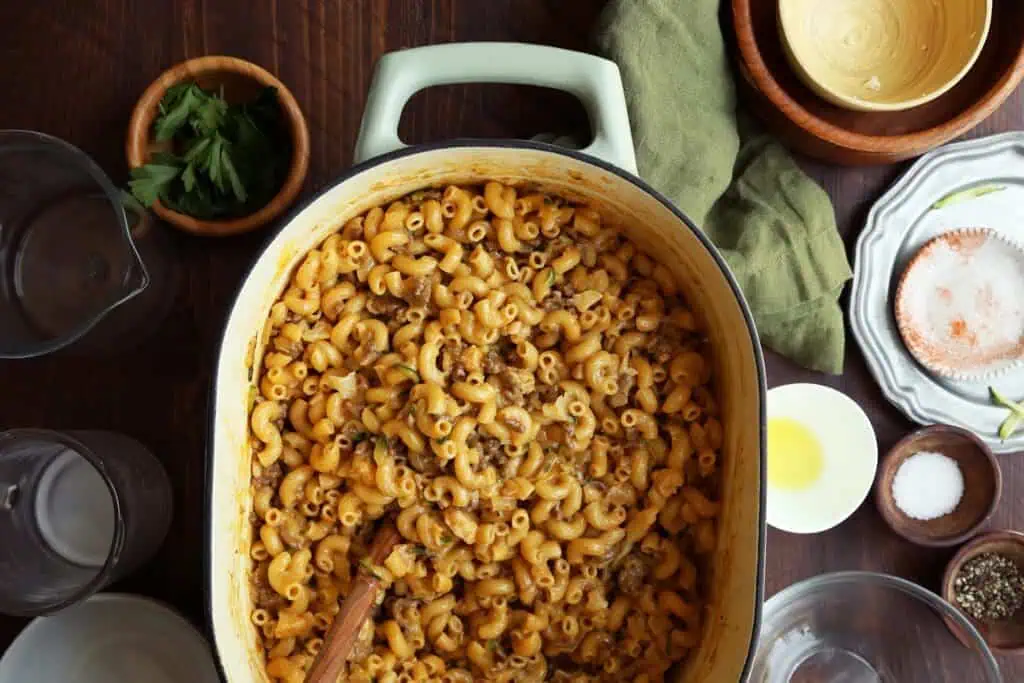 Hamburger helper recipe in pot.