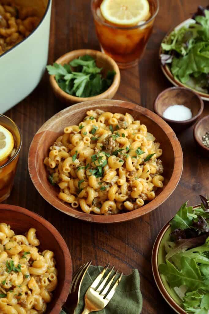 Big serving of homemade hamburger helper.