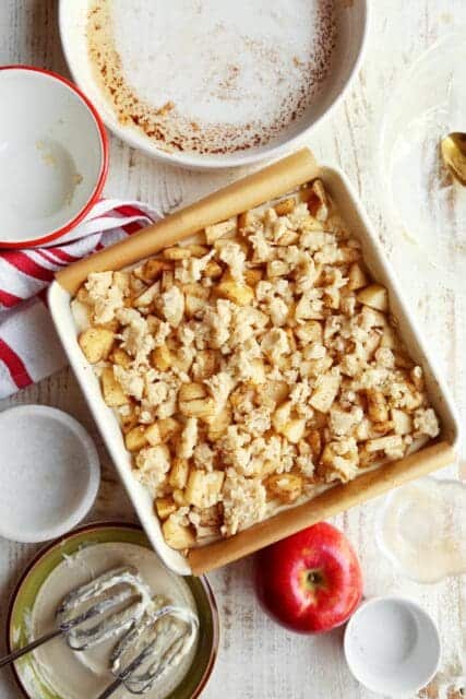 Cheesecake bars in pan to be baked