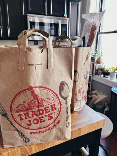 trader hoe's haul in bags on the kitchen counter