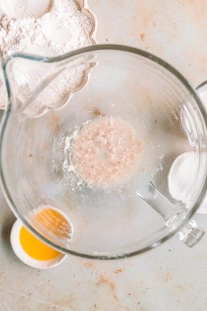 Activated yeast in a large clear mixing bowl.