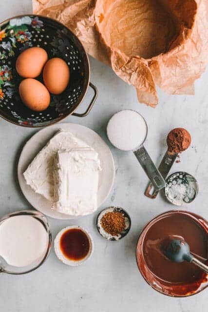 Ingredients for chocolate basque cheesecake recipe.
