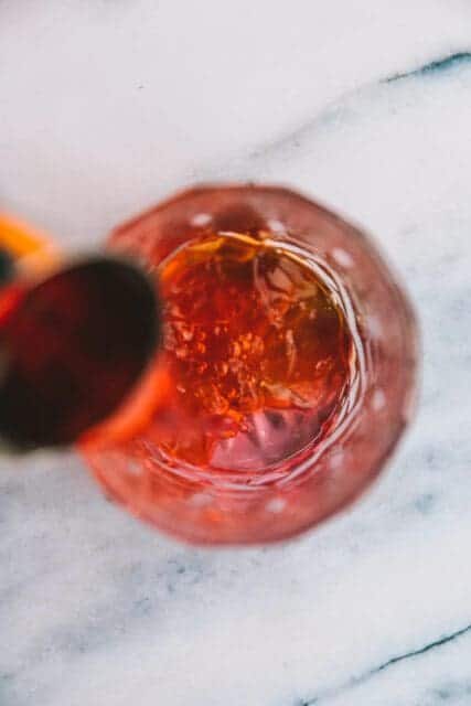 A close up overhead shot of a negroni sbagliato