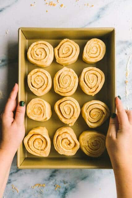 Cut rolls in a baking pan.