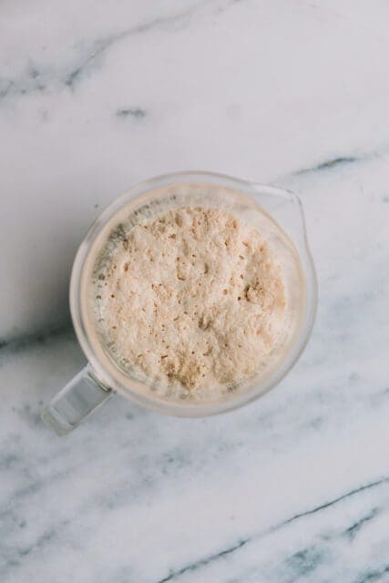 Frothy yeast and milk mixture.