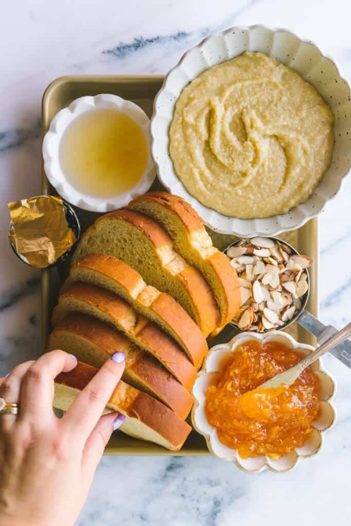 individual ingredients to make a Mardi Gras dessert toast recipe.
