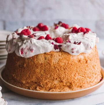side shot of freshly baked angel food cake recipe