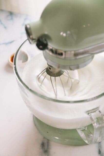kitchenmaid mixer getting egg whites and sugar to stiff peaks for angel food cake recipe