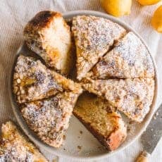 lemon crumb cake slices on a cake plate